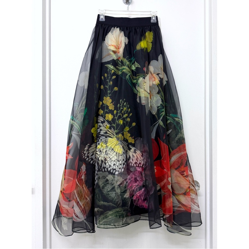 Alice + Olivia Nilda Maxi Skirt Black Essential Floral Silk Chiffon Full 0 - Picture 2 of 16
